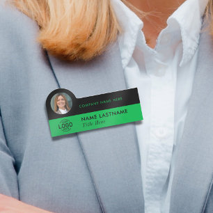 Logo Photo ID Stylish Simple Green Black Business Name Tag