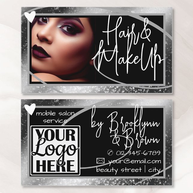 Logo Photo Template Stylish Gray Frame Heart Luxe Business Card (Creator Uploaded)