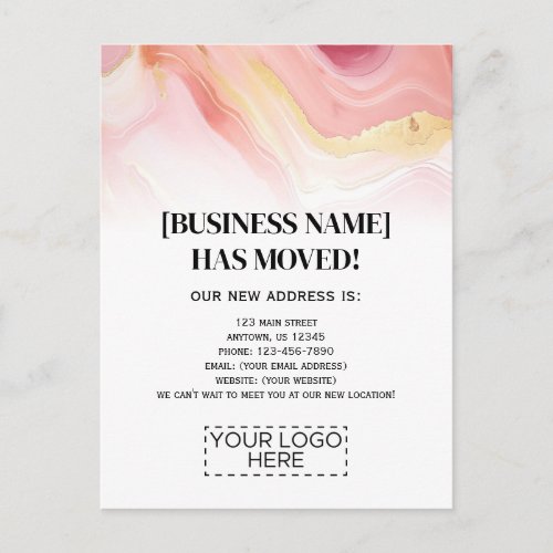 Logo Pink Gold Marble Business Moving Announcement Postcard