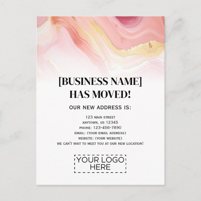 Logo Pink Gold Marble Business Moving Announcement Postcard (Front)