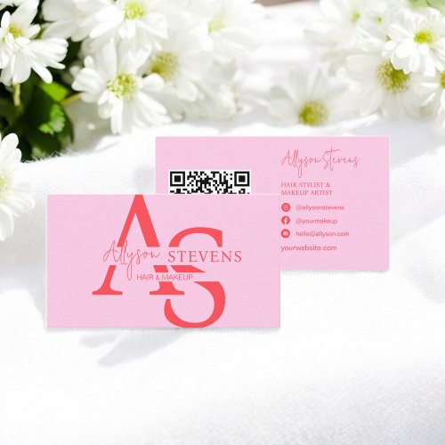 Logo pink initials hair makeup qr code business card