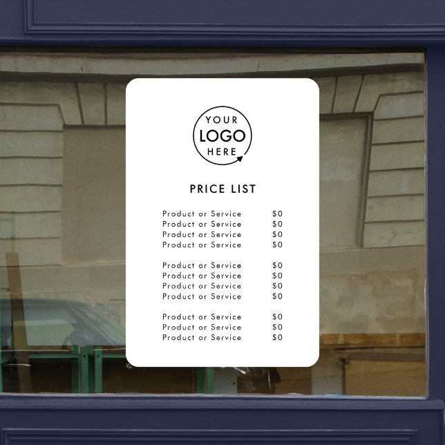 Logo Price List | Business Modern Minimalist White Window Cling (A simple practical solution for presenting your products or services with clarity & style.)