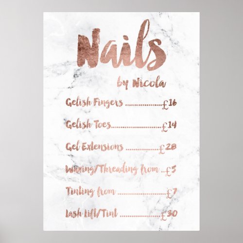 Logo price list typography rose gold white marble poster