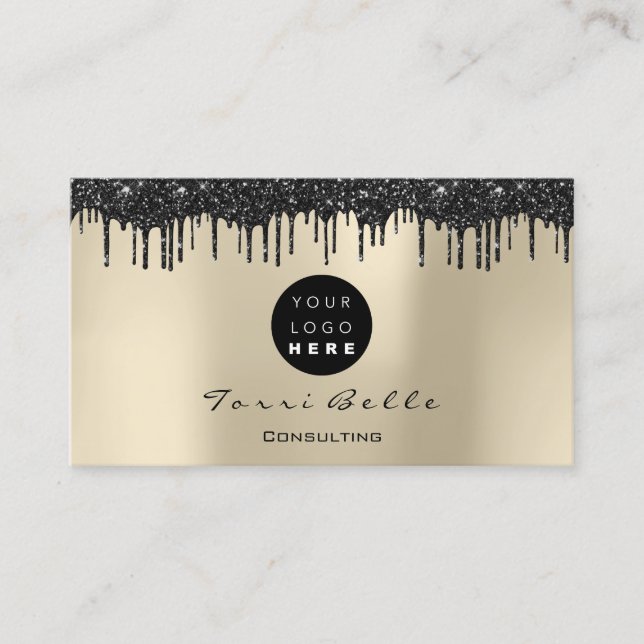 Logo Professional Black Drip Glitter Consulting Business Card (Front)
