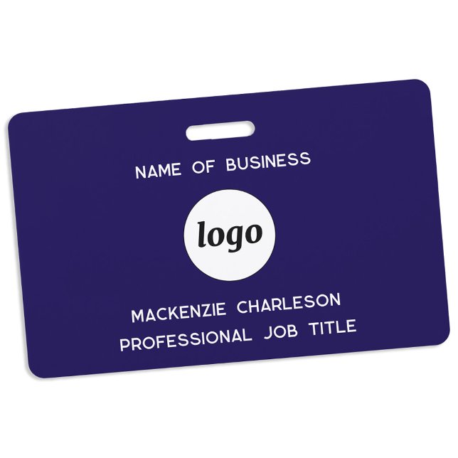 Logo Professional Business Navy Blue Name Badge (Simple logo with custom text business branding promotional employee staff colleague name badge)