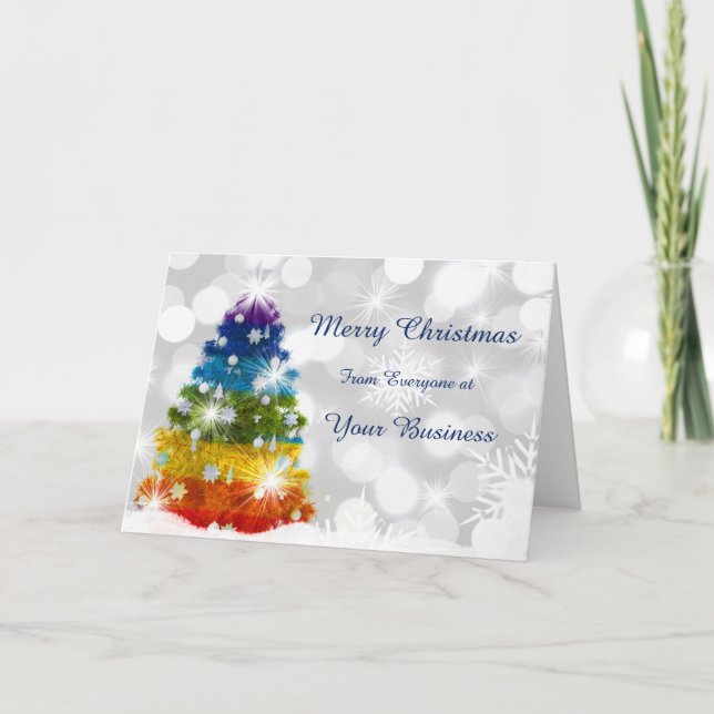 Logo Promo Rainbow Tree Business Merry Christmas Holiday Card (Front)