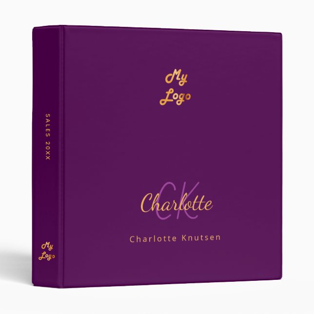 Logo purple monogram gold business office 3 ring binder (Front/Spine)