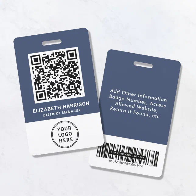 Logo QR Bar Codes Blue Employee Badge | Zazzle