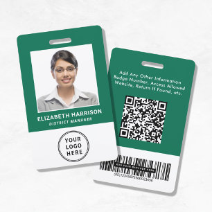 Logo QR Bar Codes Green Employee Photo ID Badge