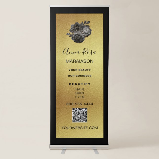 *~* LOGO QR Black  Gold Foil Store Shop   Retractable Banner (Front)