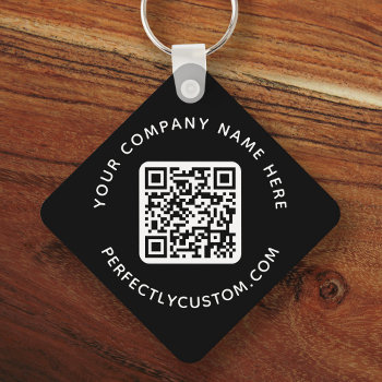 Logo  Qr Code And Custom Text Double Sided Black Keychain by TheStationeryShop at Zazzle