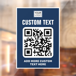 Logo, QR code and custom text white and dark blue Window Cling