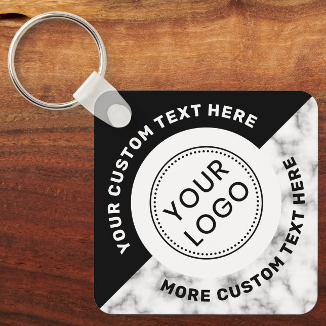 Logo QR code and text white marble black Keychain (Front)