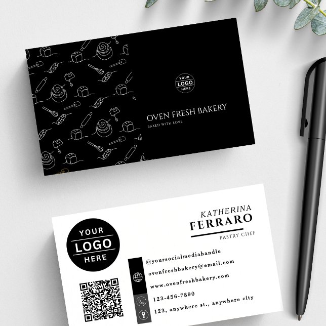 Logo QR Code Black White Bakery  Business Card (Creator Uploaded)