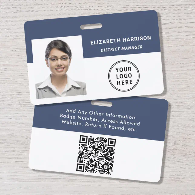 Logo QR Code Blue Photo Employee ID Badge | Zazzle