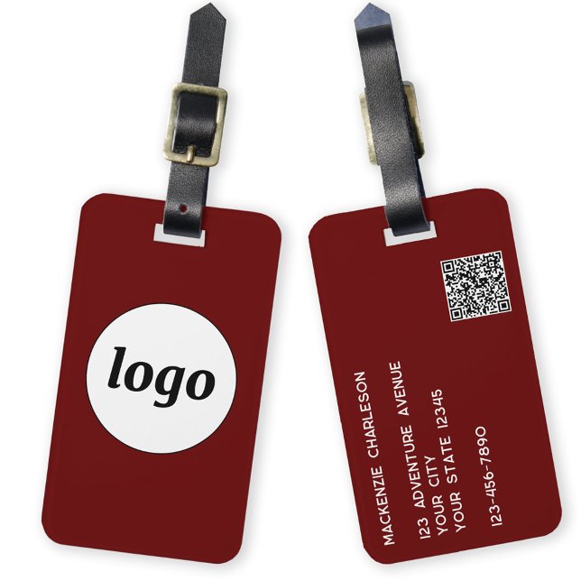 Logo QR code Burgundy Business Promotional Luggage Tag (Simple logo with QR code business branding promotional luggage tag)