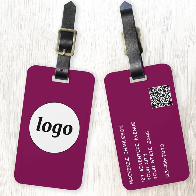 Logo QR code Business Magenta Pink Luggage Tag (Simple logo QR code custom business branding promotional luggage tag in dark magenta pink burgundy)
