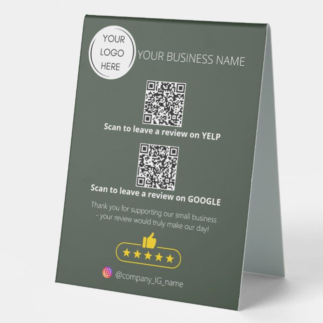 Logo QR code business review GOOGLE and YELP  Table Tent (Front)