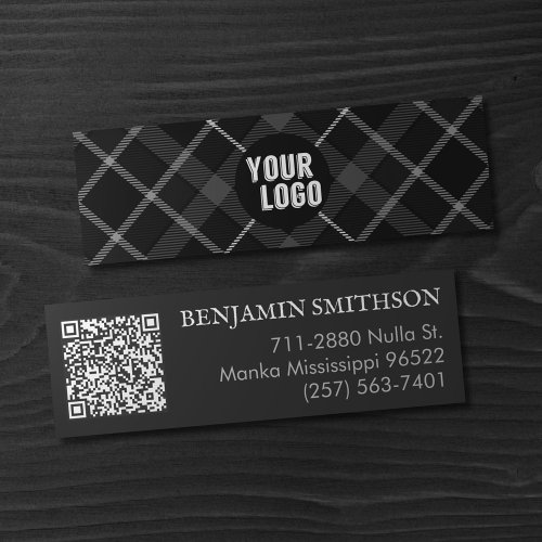  Logo  QR Code Charcoal Grey Plaid Modern Branded Mini Business Card