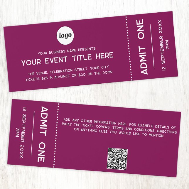 Logo QR Code Cherry Red Event Admission Ticket (Simple logo with custom text and QR code event ticket)
