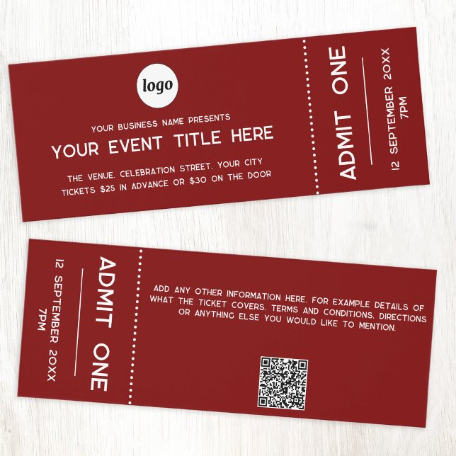 Logo QR Code Dark Red Event Admission Ticket (Simple logo with custom text and QR code event ticket)