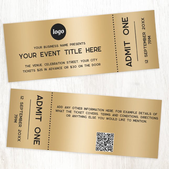 Logo QR Code Golden Event Admission Ticket (Simple logo with custom text and QR code faux gold foil effect event ticket)