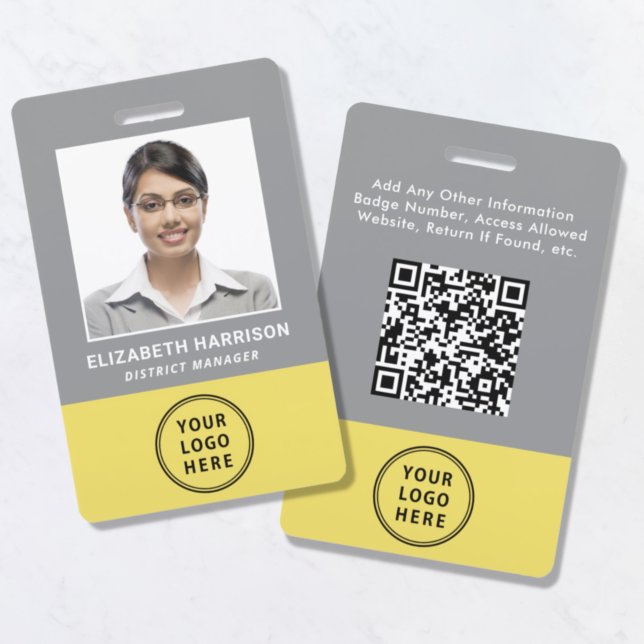 Logo QR Code Grey Yellow Employee Photo ID Badge (Creator Uploaded)