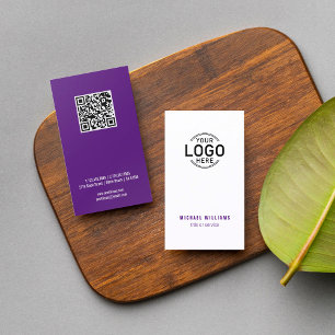 Logo QR Code Minimalist White Purple Custom Business Card