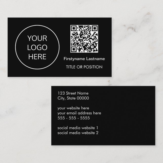 Logo QR Code Modern Black Business Card (Front/Back)