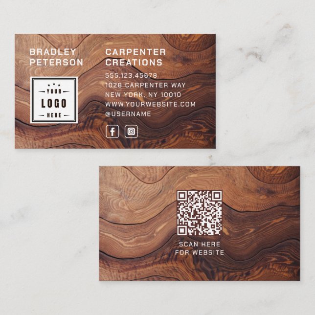 Logo QR Code Modern Wooden Carpentry Construction Business Card (Front/Back)