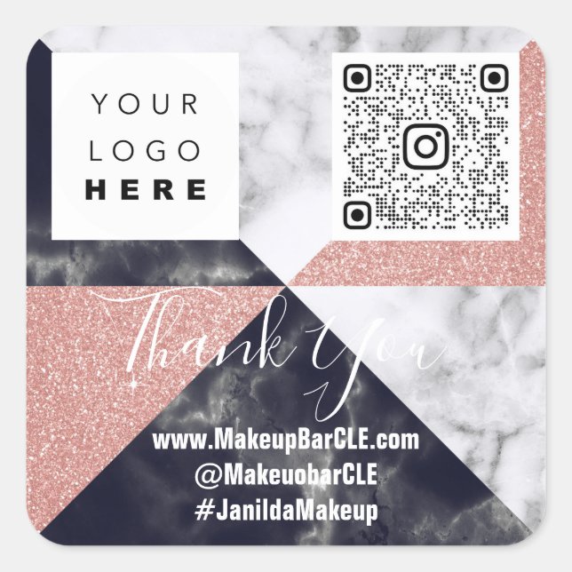 Logo QR Code Name Thank Shopping Marble Rose Square Sticker (Front)