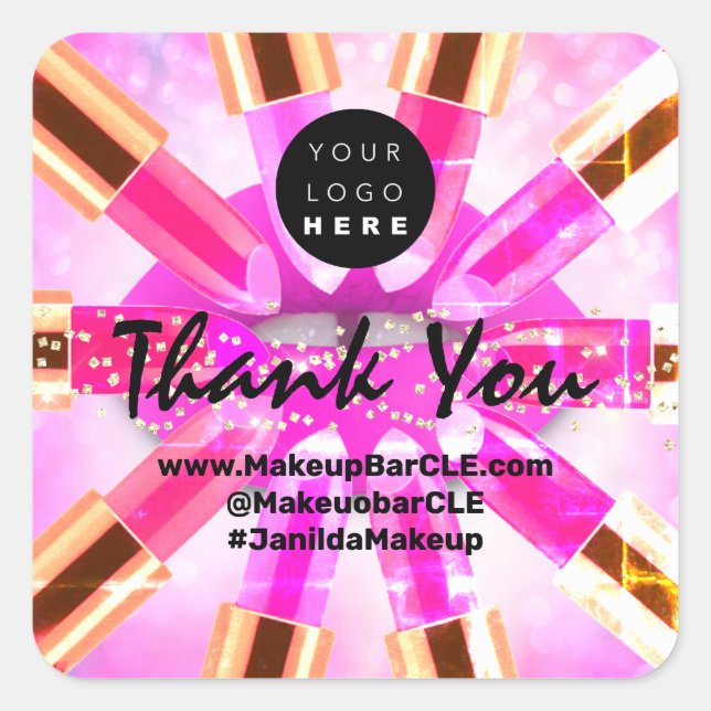 Logo QR Code Name Thank Shopping Pink Golden Lips Square Sticker (Front)