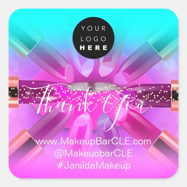 Logo QR Code Name Thank Shopping Pink Lips Lipstic Square Sticker (Front)