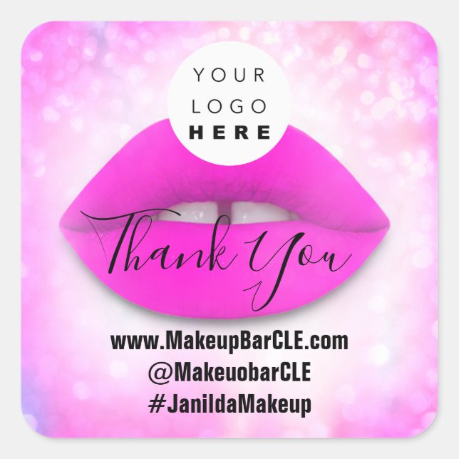 Logo QR Code Name Thank Shopping Pink Lips White Square Sticker (Front)