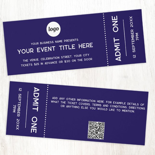 Logo QR Code Navy Blue Event Admission Ticket (Simple logo with custom text and QR code event ticket)