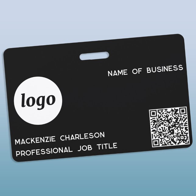 Logo QR Code Professional Business Black Name Badge (Simple logo QR code with custom text business promotional branding name tag)