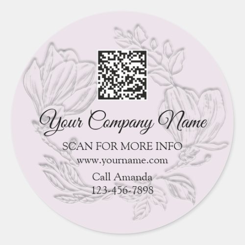Logo QR Code Promotional Shop  Floral Silver Lilac Classic Round Sticker