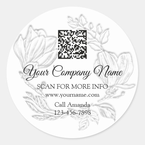 Logo QR Code Promotional Shop  Floral Silver White Classic Round Sticker