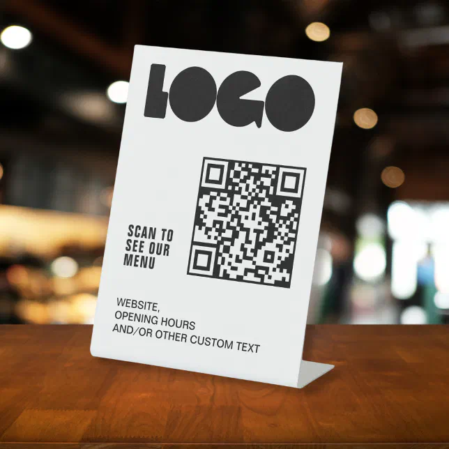 Logo QR code Scan menu White Restaurant table Pedestal Sign | Zazzle
