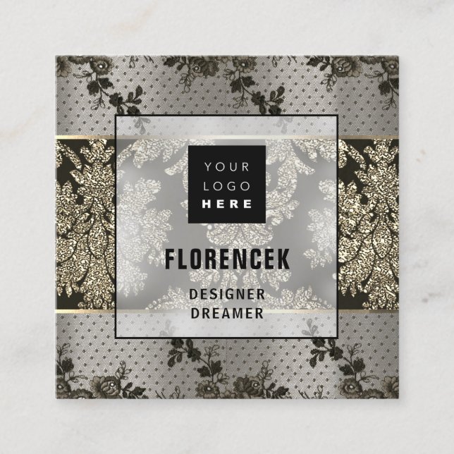 Logo QR CODE Shop BEAUTIQUE Gold Lace Elegant  Square Business Card (Front)