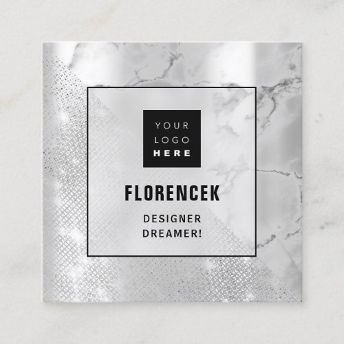 Logo QR CODE Shop Silver Marble Geometry  Square Business Card