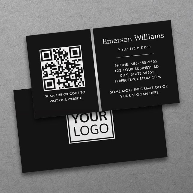 Logo QR code silver gray gradient divider black Business Card (Black, professional business cards with QR code and custom logo)