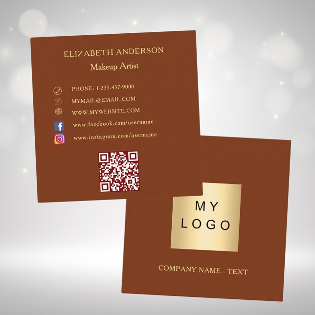 Logo QR code social media rust brown Square Business Card (Creator Uploaded)