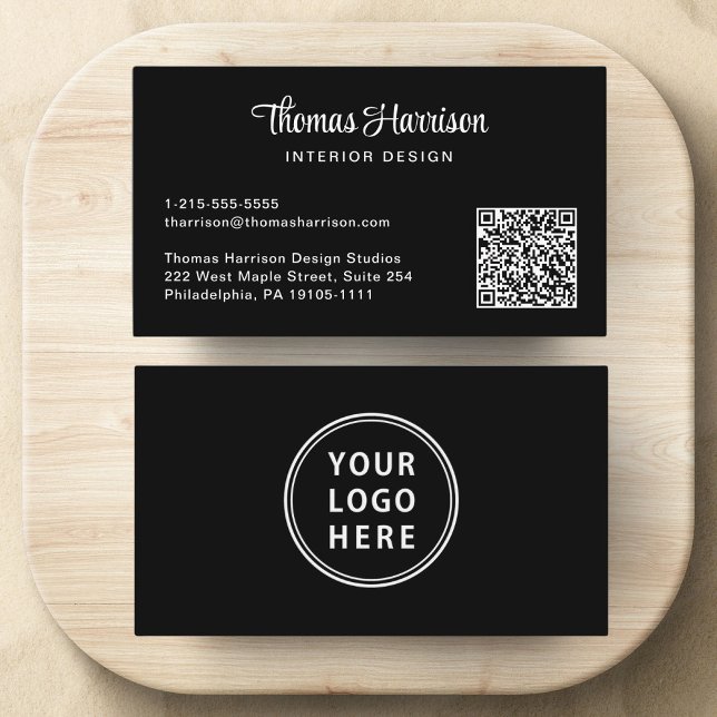 Logo QR Code Stylish Script Professional Black Business Card (Capture attention, make connections, and leave a lasting impression with our modern QR business card)