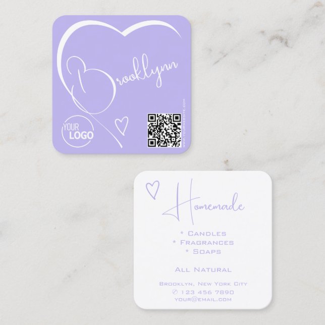 Logo QR Code Template Calligraphy Lilac Heart Square Business Card (Front/Back)