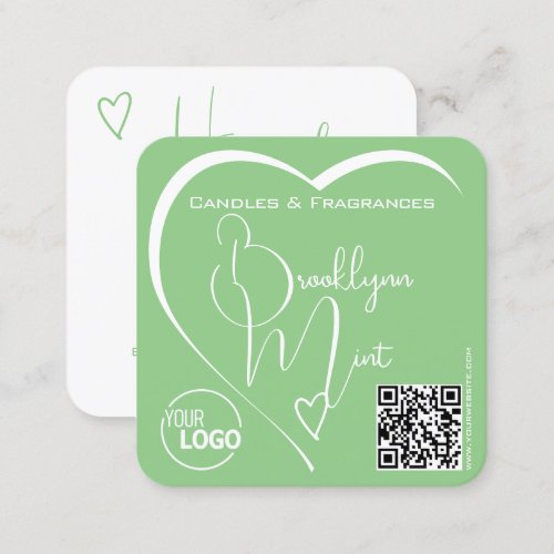 Logo QR Code Template Calligraphy Mint Green Heart Square Business Card