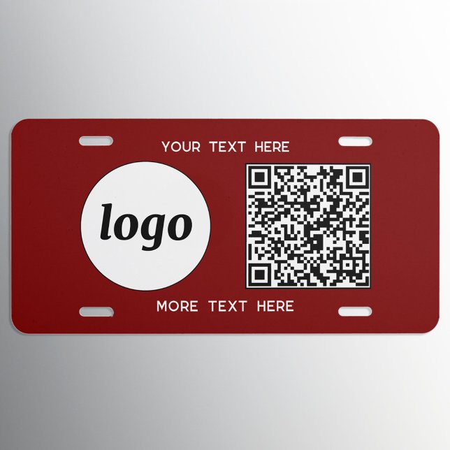 Logo QR Code Text Business Promotional Burgundy License Plate (Simple logo QR code with custom text business branding promotional license plate cover burgundy red)