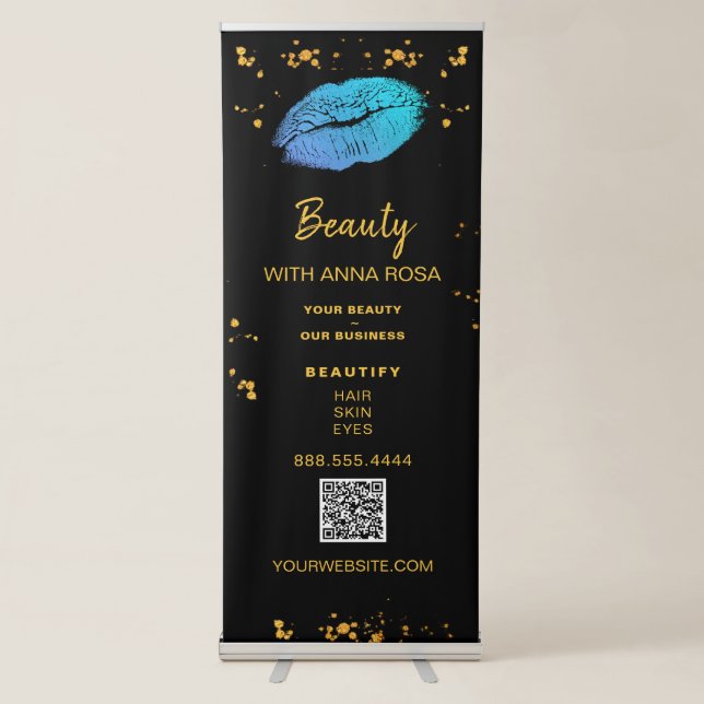 *~* LOGO QR Expo TURQUOISE LIPS Shop Store Gold  Retractable Banner (Front)