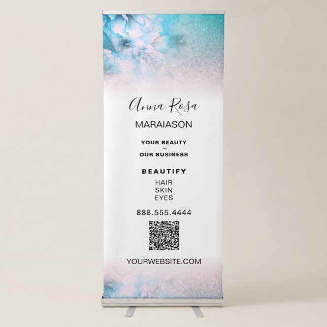 *~* LOGO QR  Floral Ombre Flowers Store Shop Retractable Banner (Front)
