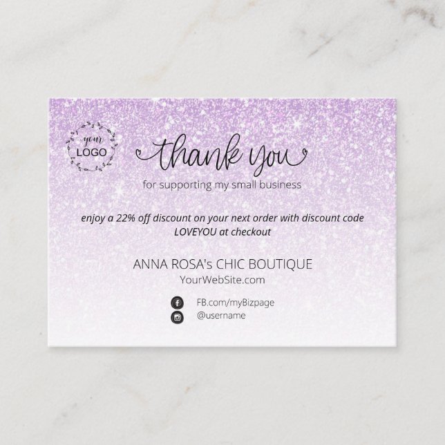 *~* Logo QR  . Ombre Glitter Thank You Branding Enclosure Card (Front)